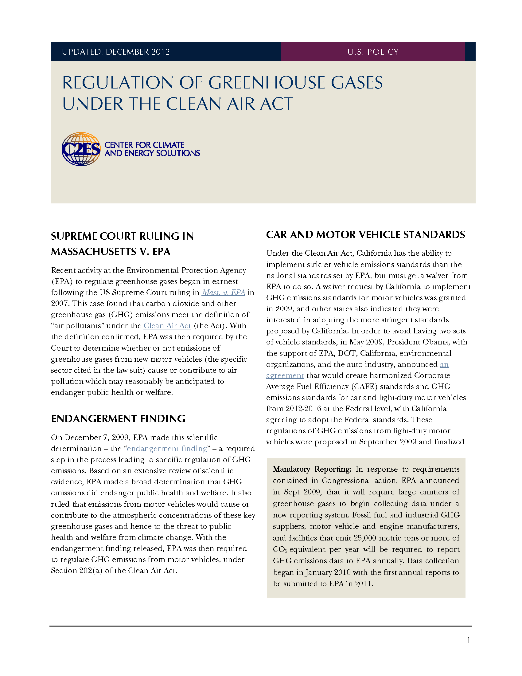 Events Leading to Regulation of Greenhouse Gases under the Clean Air