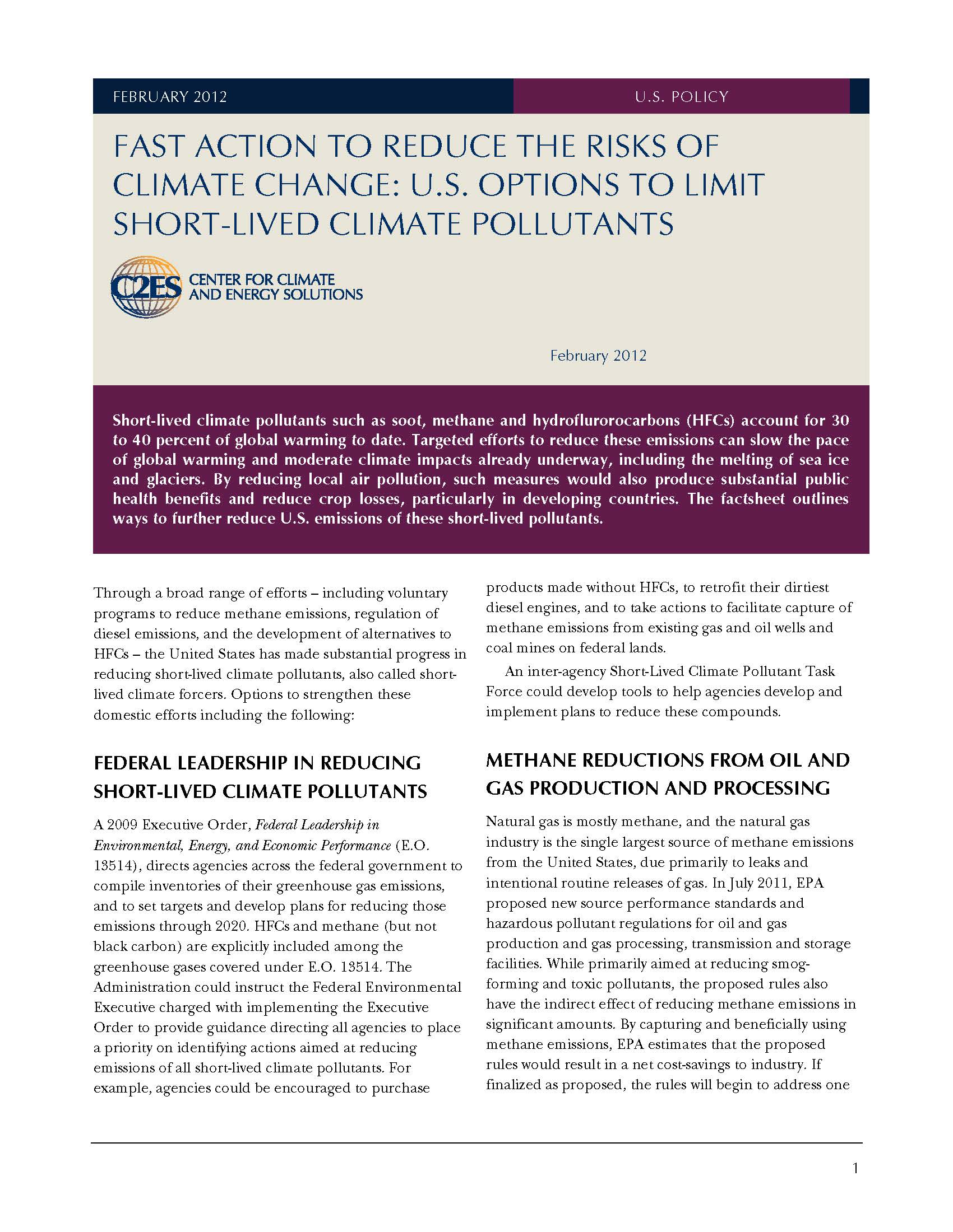 Fast Action to Reduce the Risks of Climate Change U.S. Options to