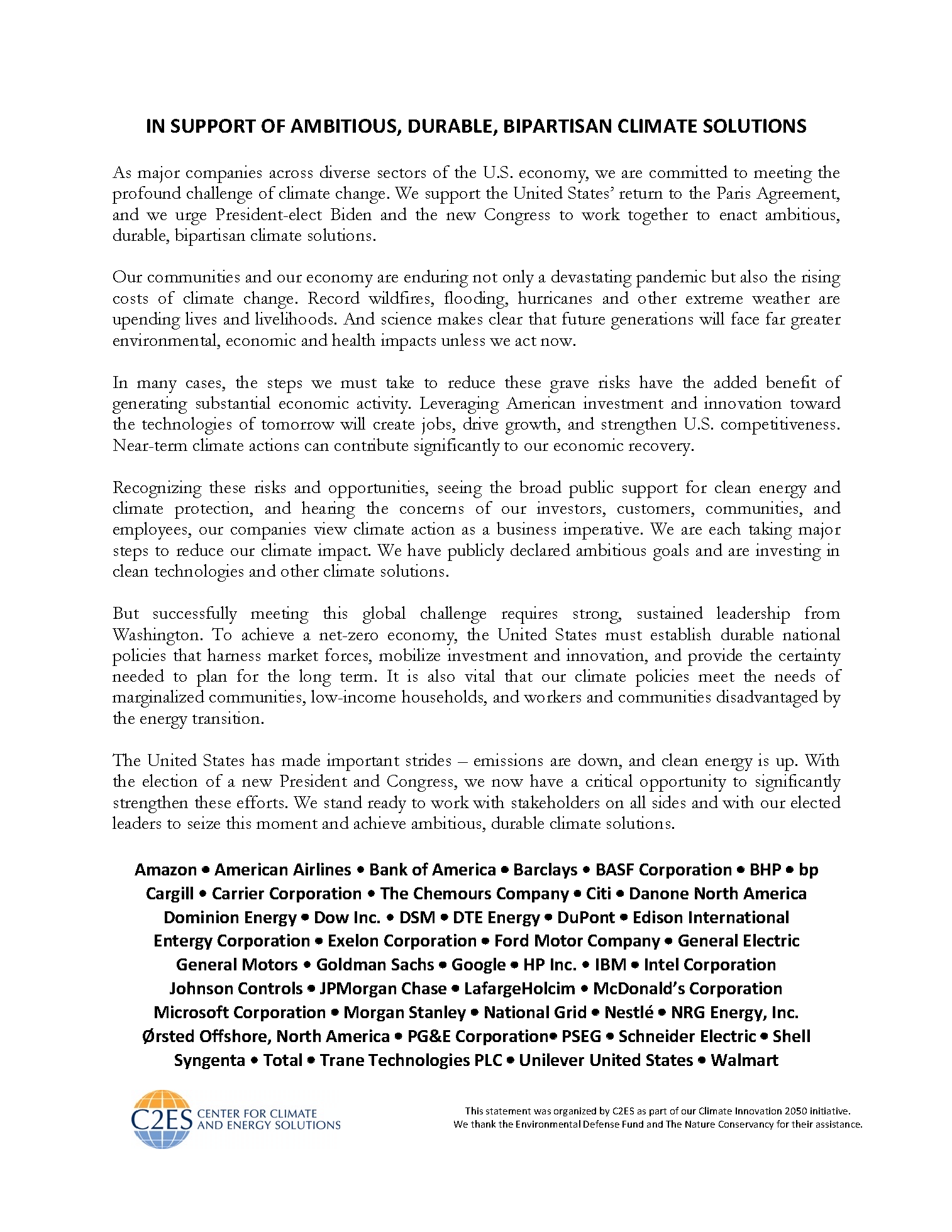 Top companies call for ambitious U.S. climate policy - Center for ...