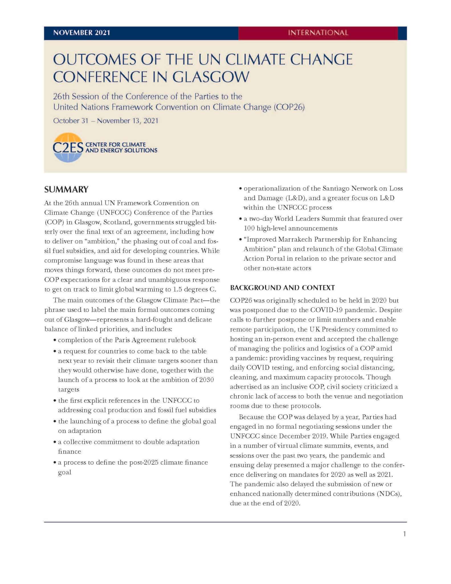 of the UN Climate Change Conference in Glasgow Center for