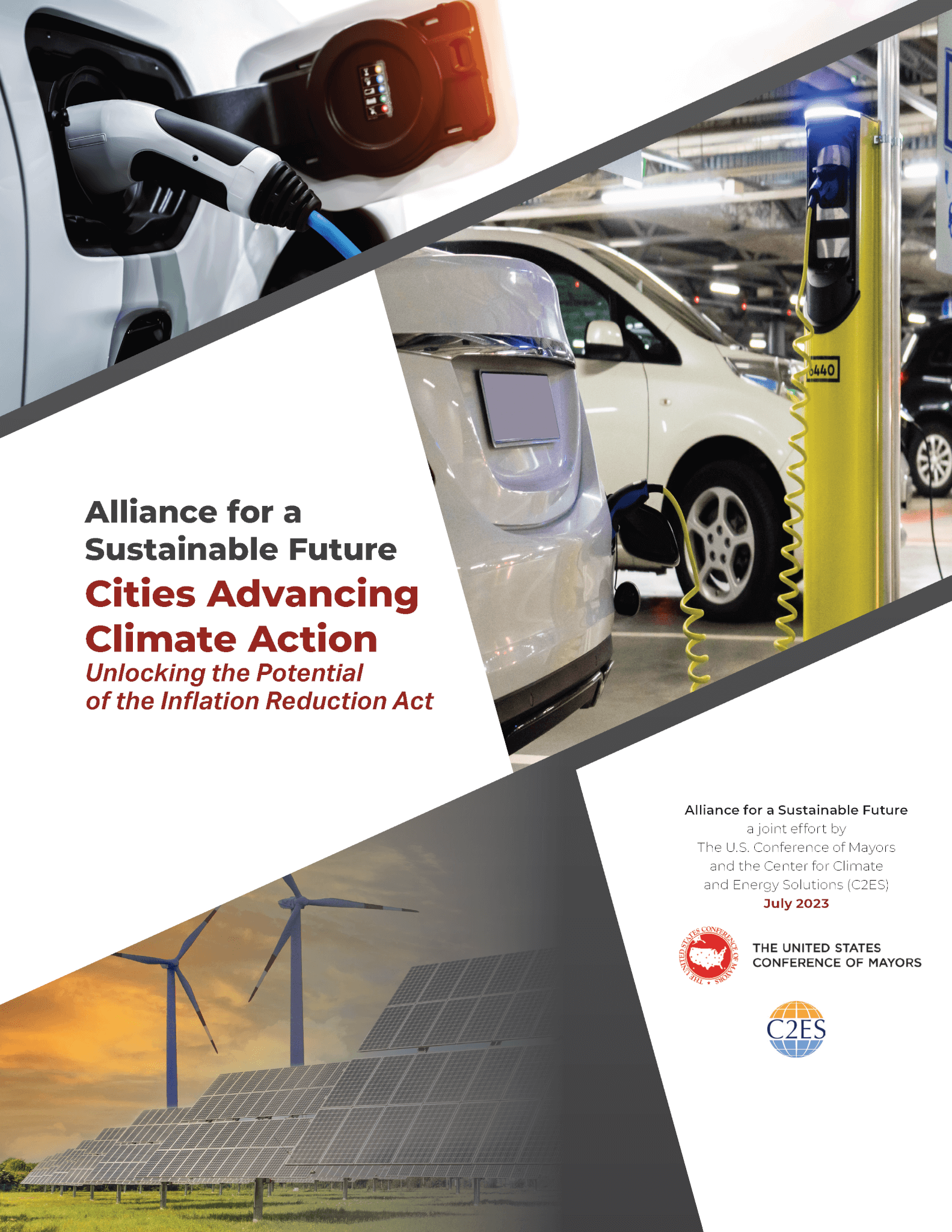 photos of electric cars charging, renewable energy infrastructure, wind turbines, solar panels.