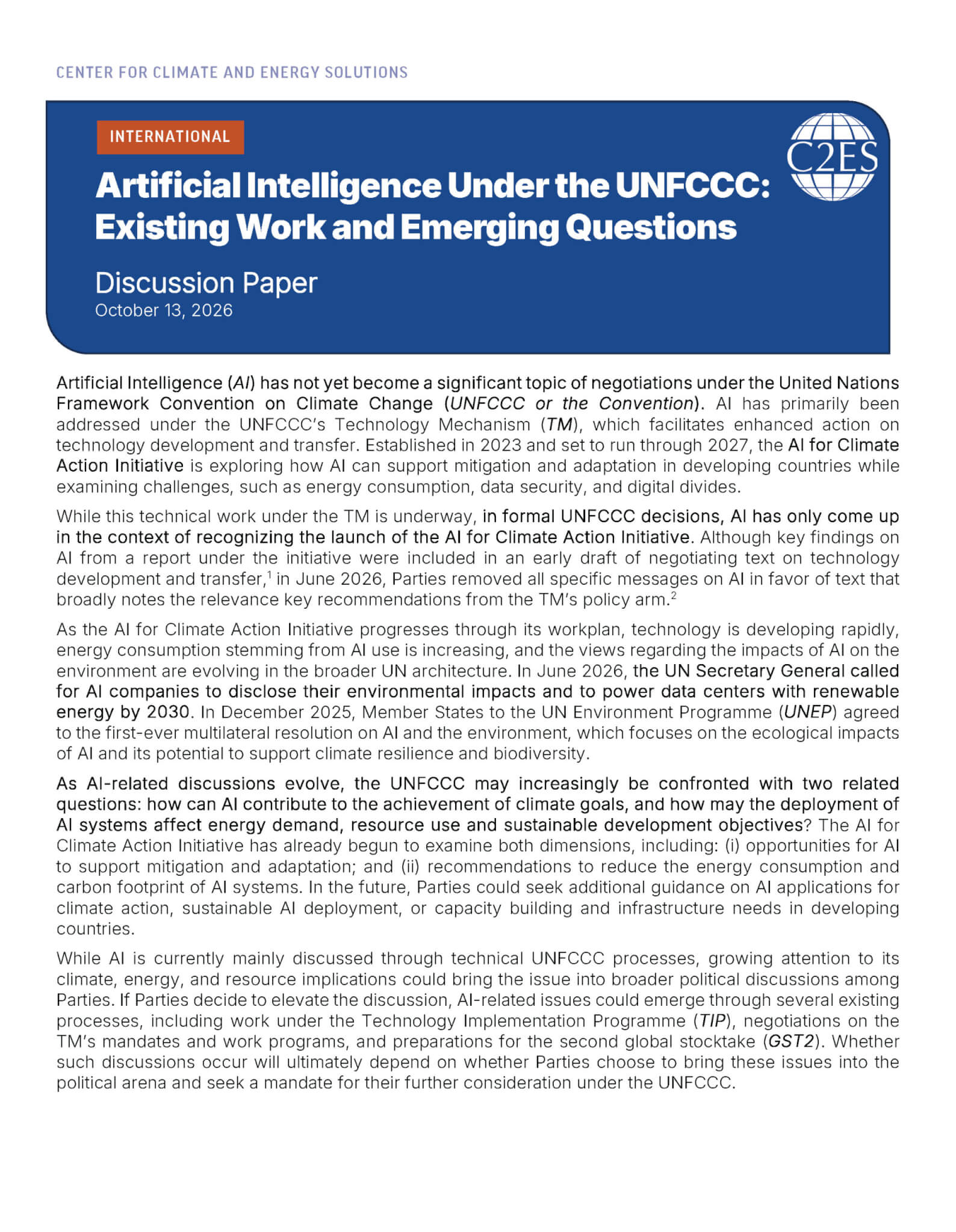 Artificial Intelligence Under the UNFCCC: Existing Work and Emerging Questions Discussion Paper